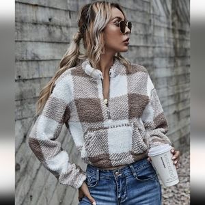 Drop Shoulder Kangaroo Pocket Buffalo Plaid Teddy Pullover